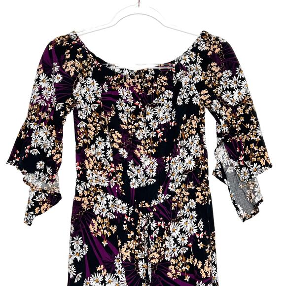 EXPRESS Floral Off-Shoulder Romper Flutter Sleeve Drawstring Black Purple Size S - Picture 3 of 6